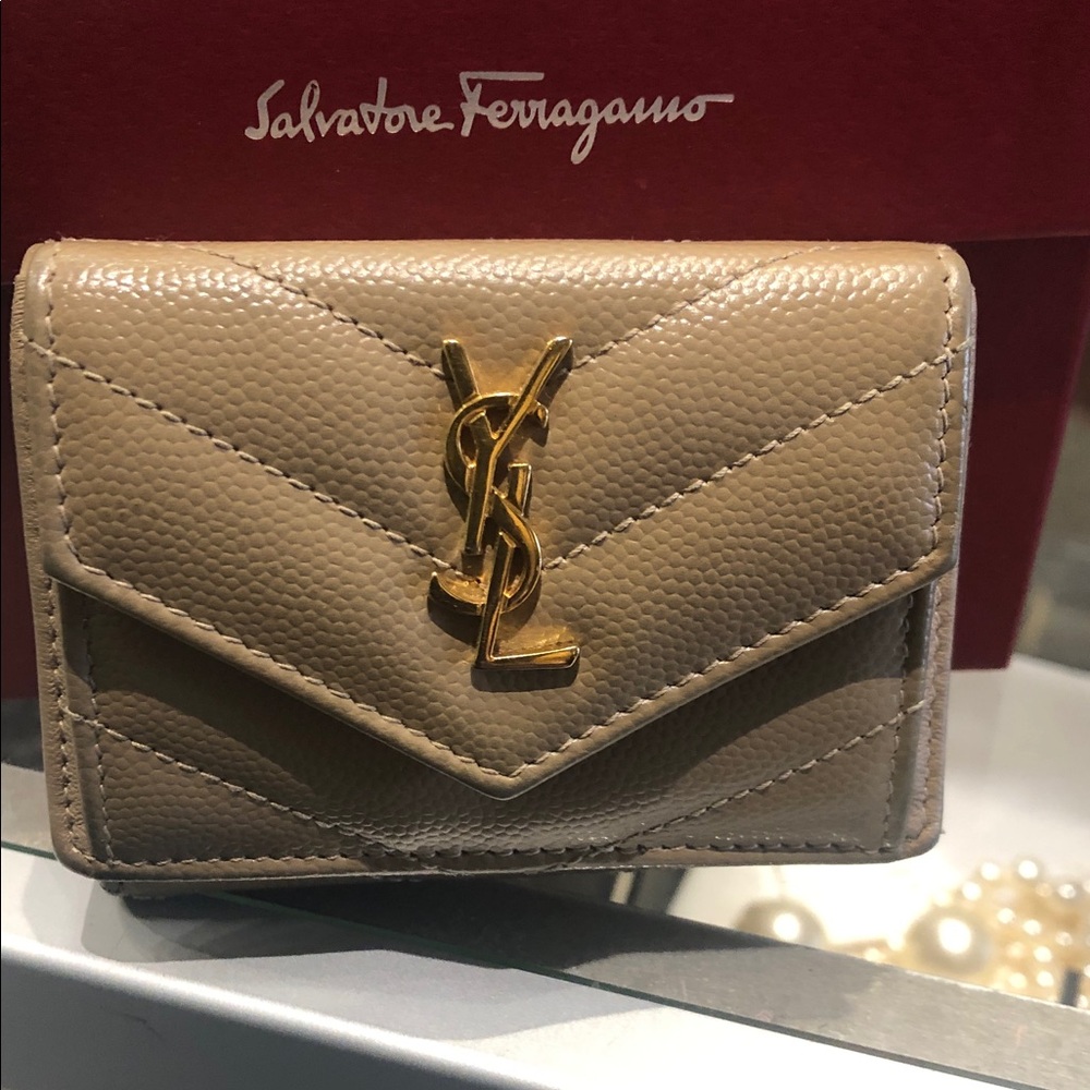 Yves Saint Laurent Beige Leather Card Holder with Gold Logo